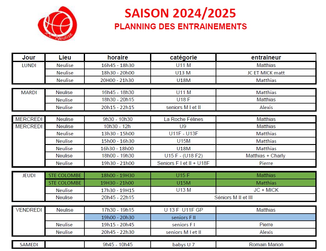 Planning entrainement 2024-2025